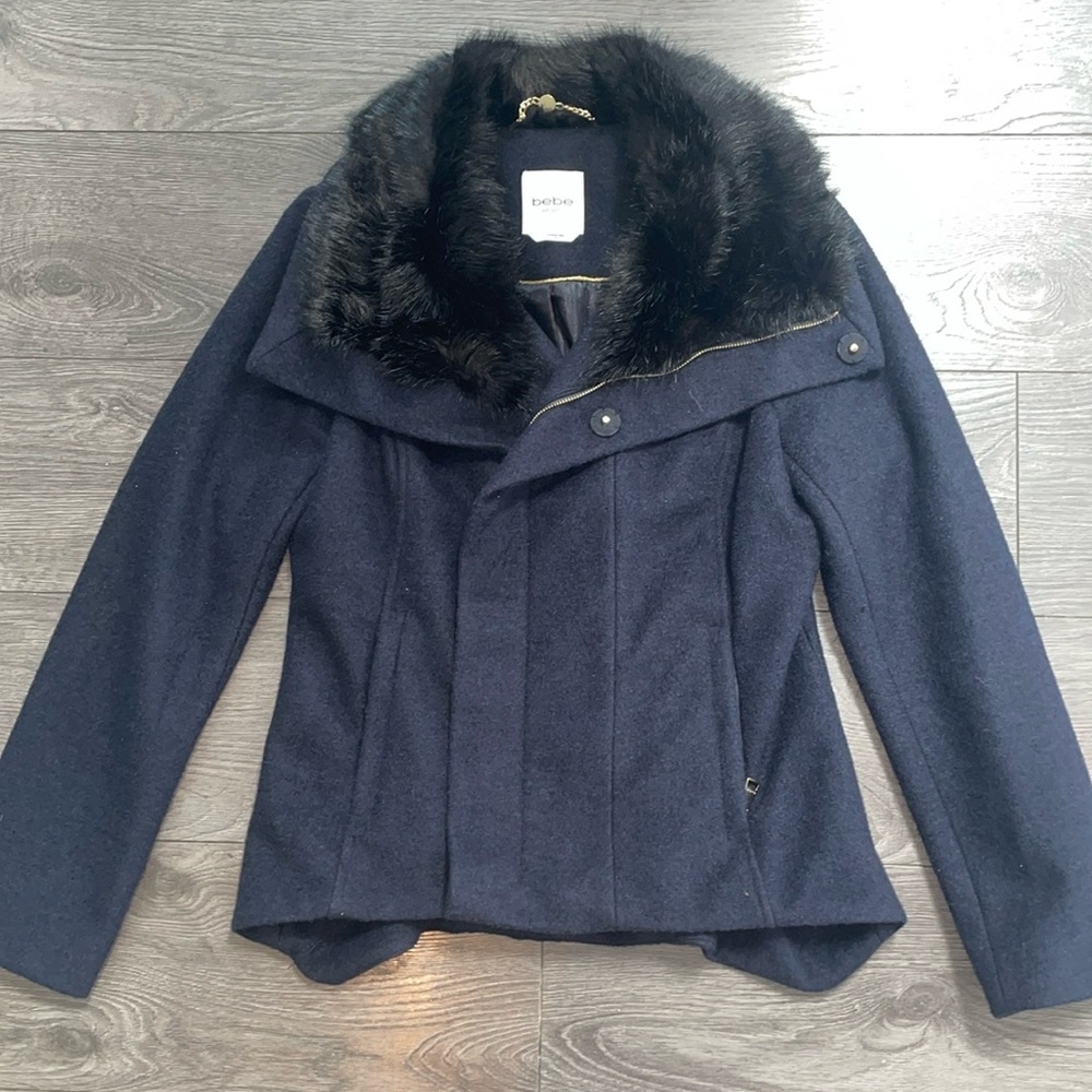 Bebe Navy Blue Wool Coat With Faux Fur Collar Size Medium
